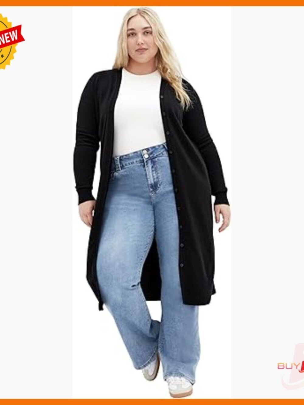 Plus Size Cardigan, Soft Stretch, V-Neck, Longline Hem, Button Closure